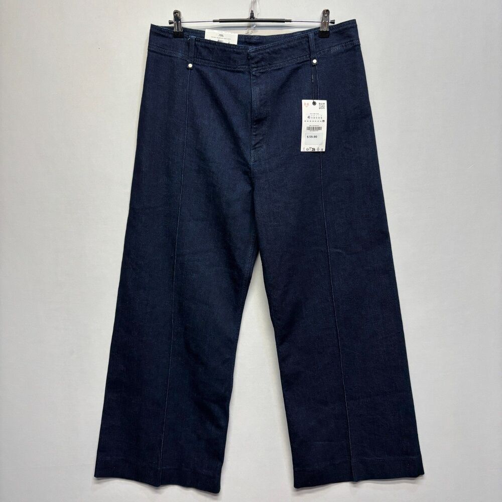 NWT Zara Women The Tailored Wide Leg Jeans US Size 14 Blue Denim D073 -22